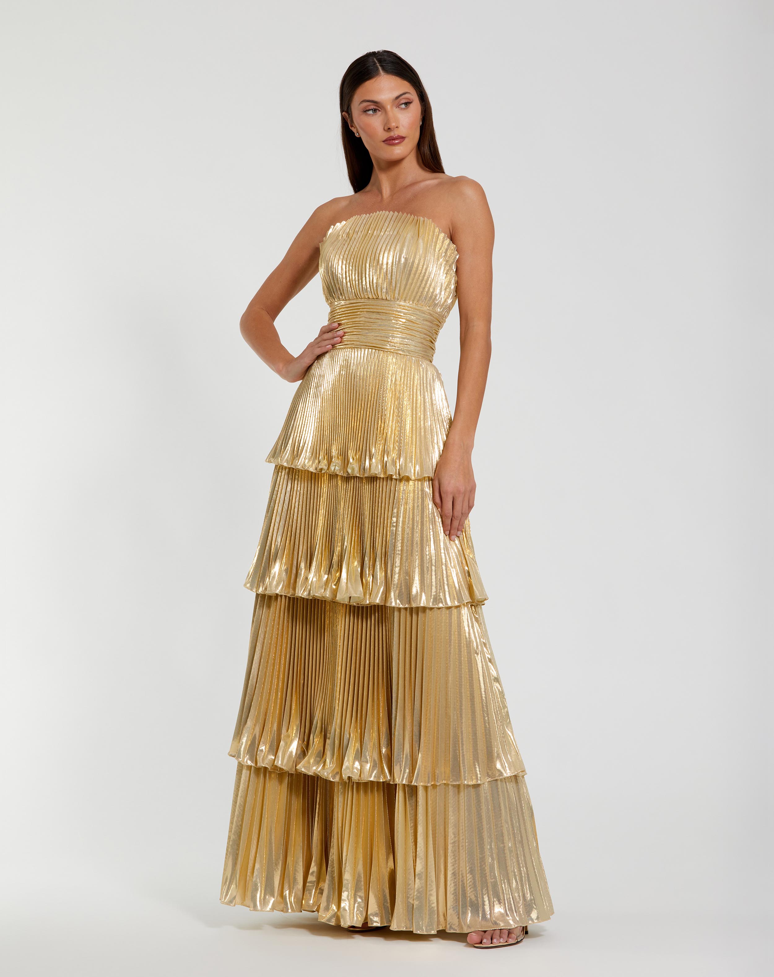 Gold Strapless Pleated Metallic Layered High Low Maxi Gown In Gold
