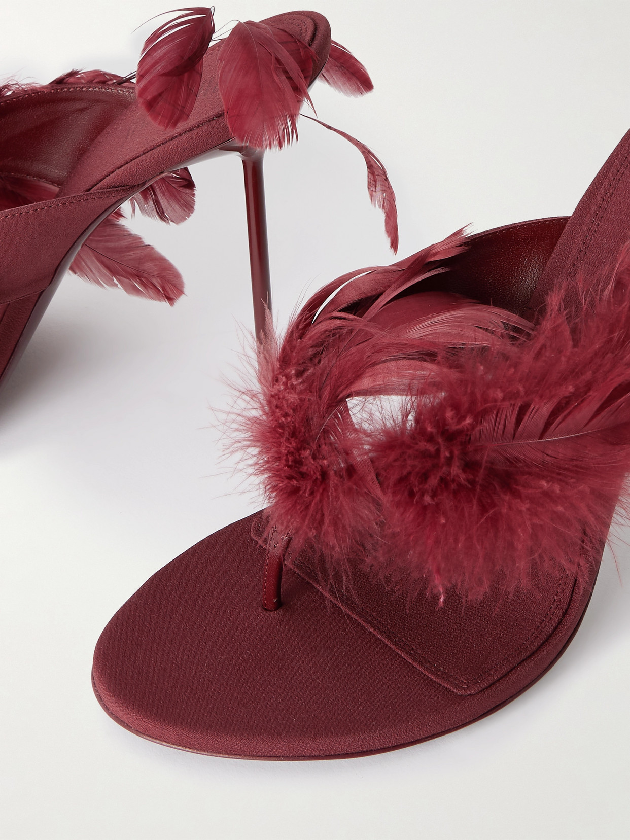 Lidia Feather-trimmed Leather Mules - Burgundy