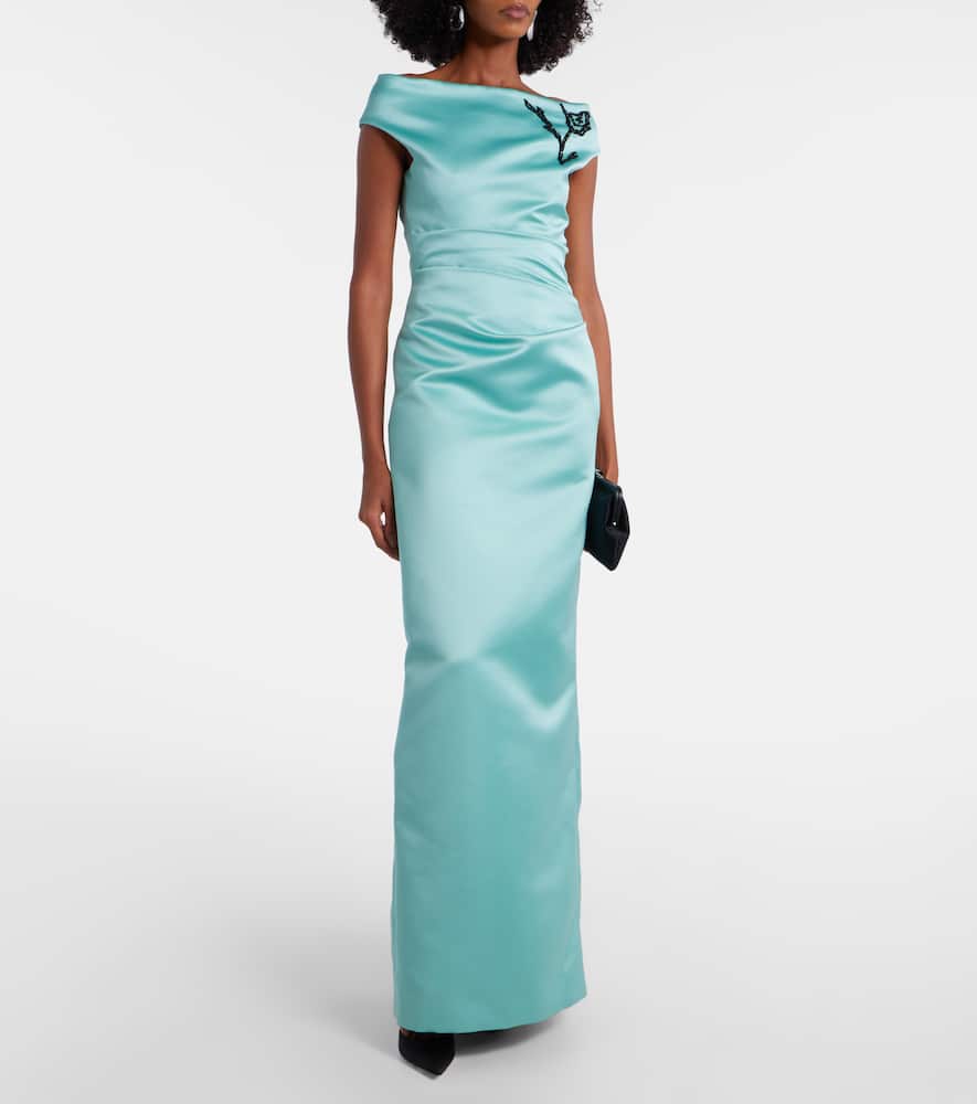 Floral off-shoulder duchesse satin gown