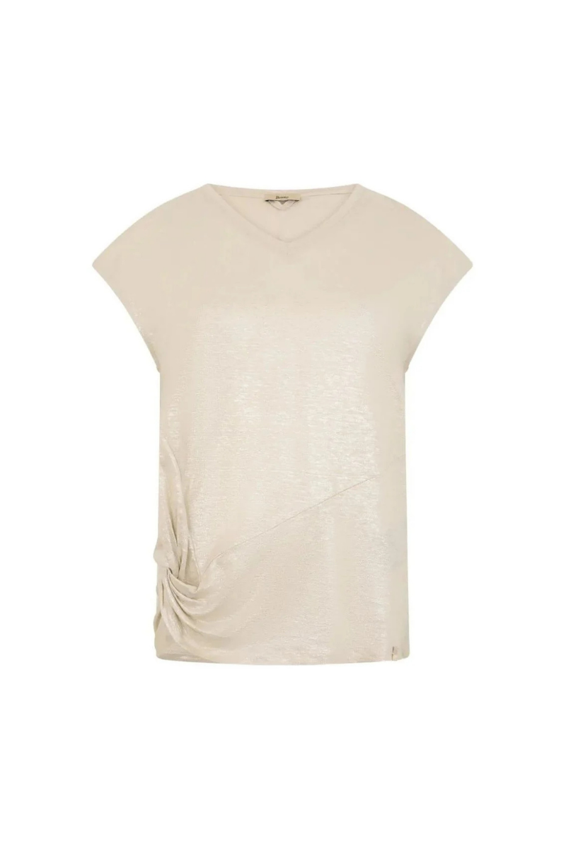 Linen V-Neck with Ruched Side Detail Blouse — Beige