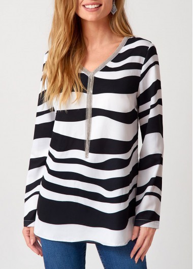 Modlily Striped Tassel V Neck Long Sleeve Blouse