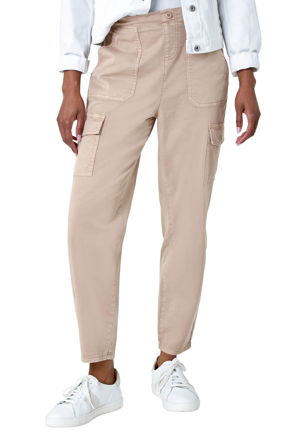 Roman Womens Casual Elastic Waist Cargo Stretch Trousers - Beige