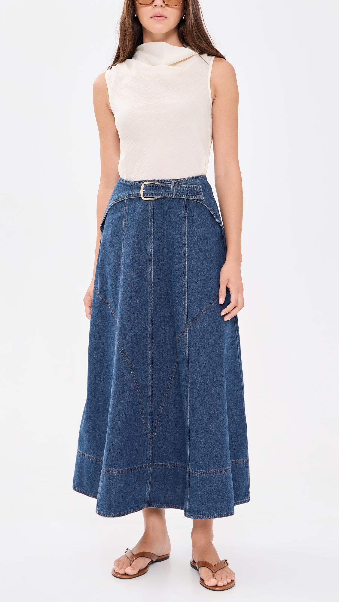 Belt Buckle Detail Denim Midi Skirt Denim Blue