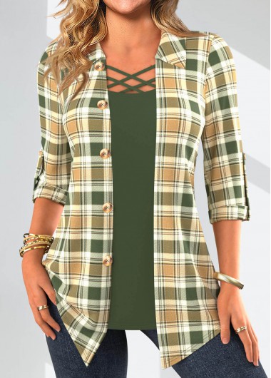 Modlily Sage Green Fake 2in1 Plaid Blouse
