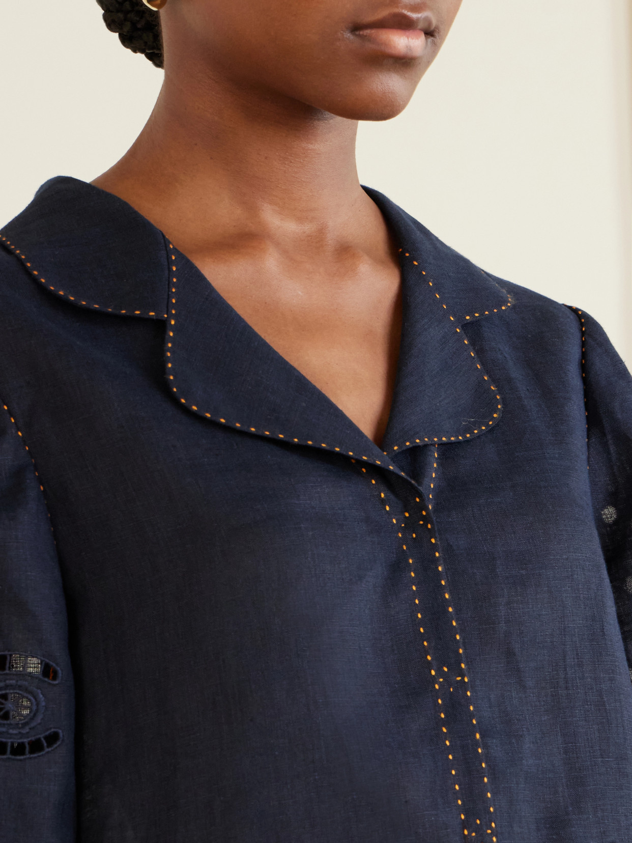 Broderie Anglaise-trimmed Linen Shirt - Blue