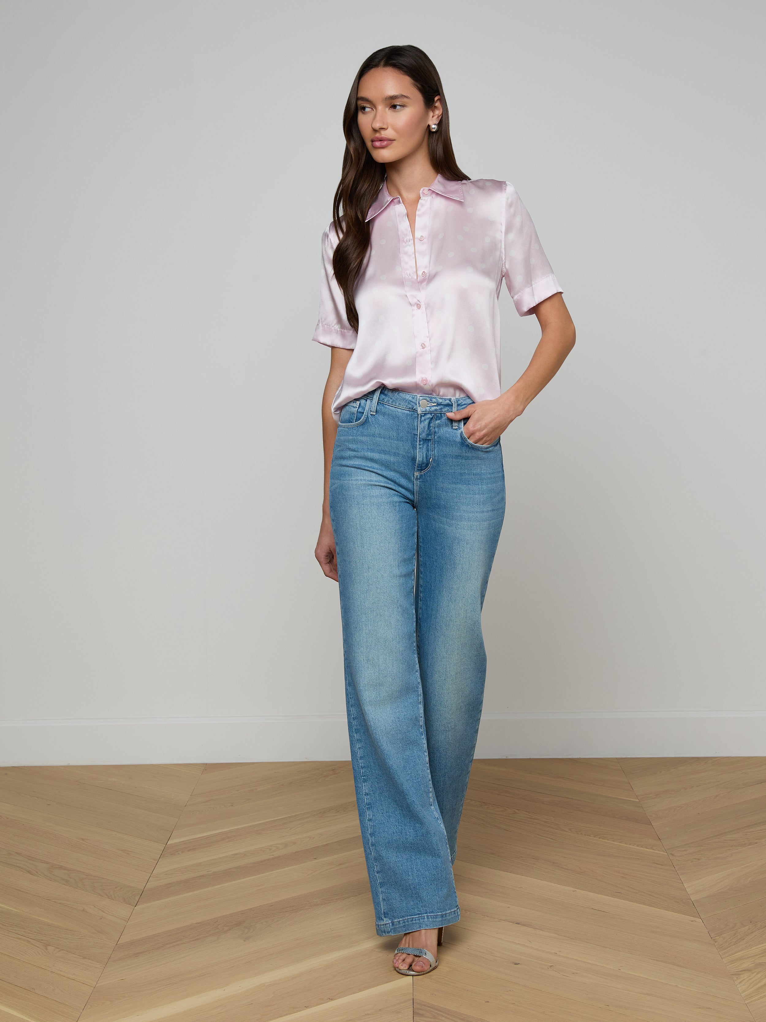 Ellah Silk Blouse Top In Icy Lilac/ivory Polka Dot