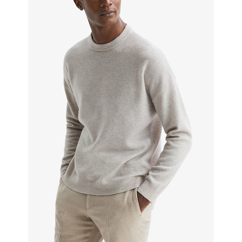 Mens Oatmeal Melange Putney Crew-neck Long-sleeve Wool Jumper L