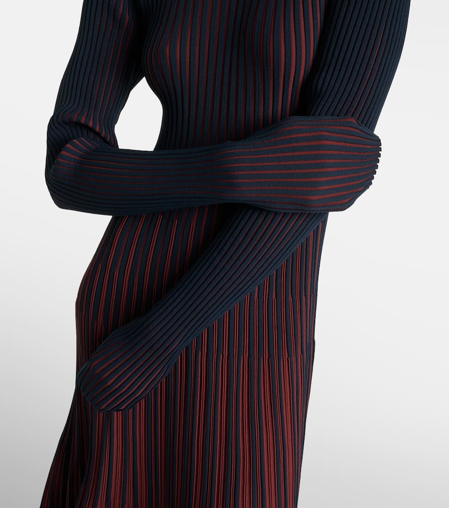 Striped ribbed-knit pleated midi dress