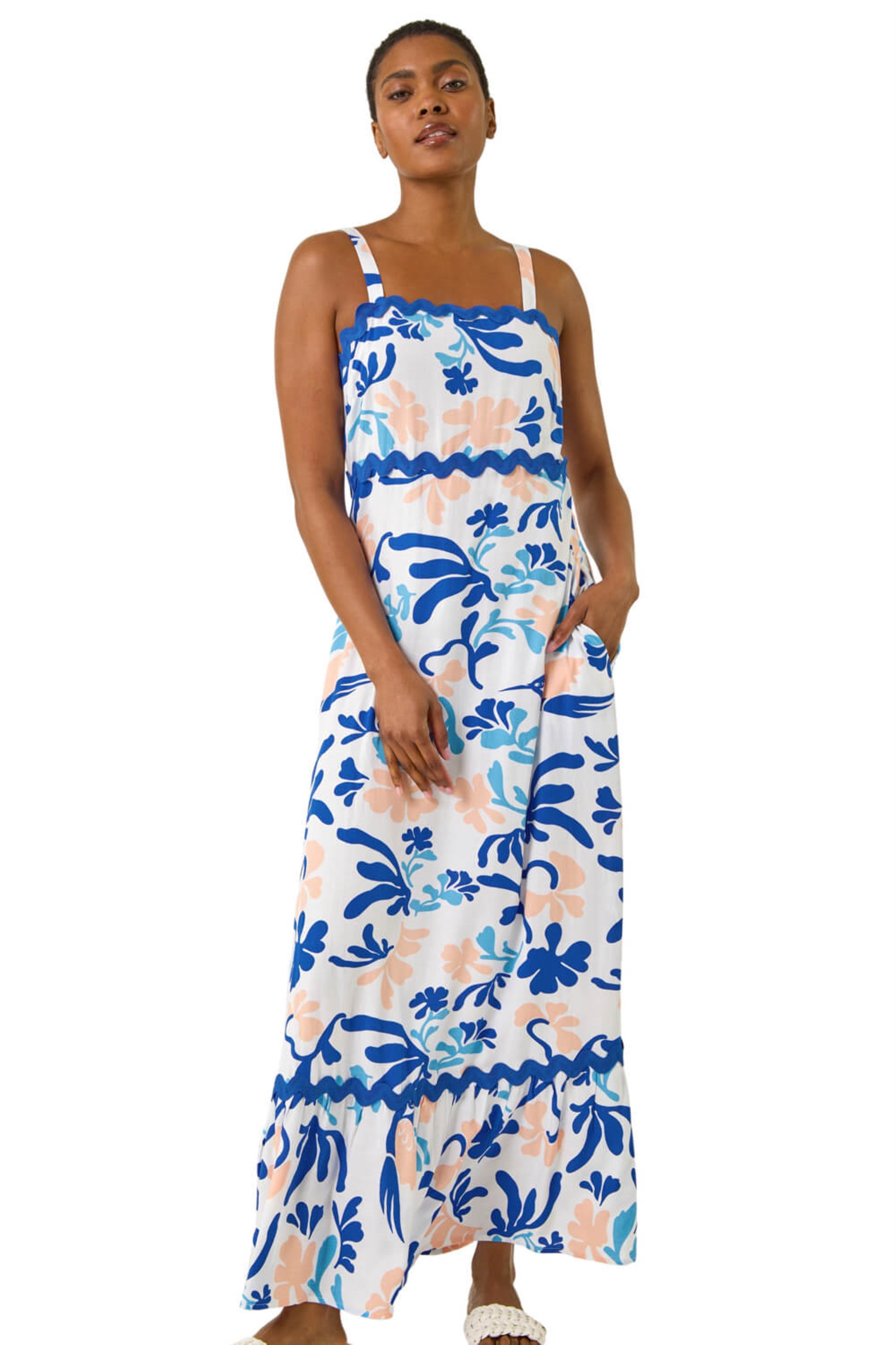 Roman Womens Abstract Ric Rac Maxi Dress - Blue