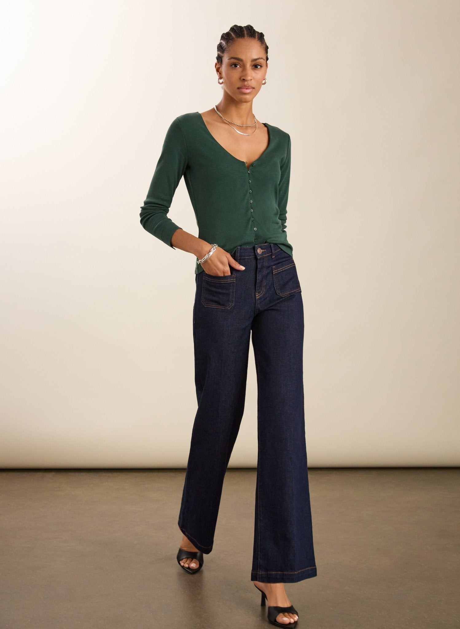 Audrey Button Through V-Neck Top Forest Green