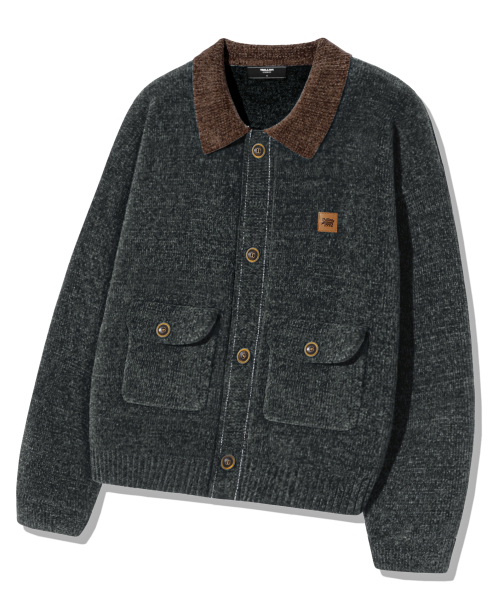 Leather Patchwork Velvet Cardigan Knit _ Khaki