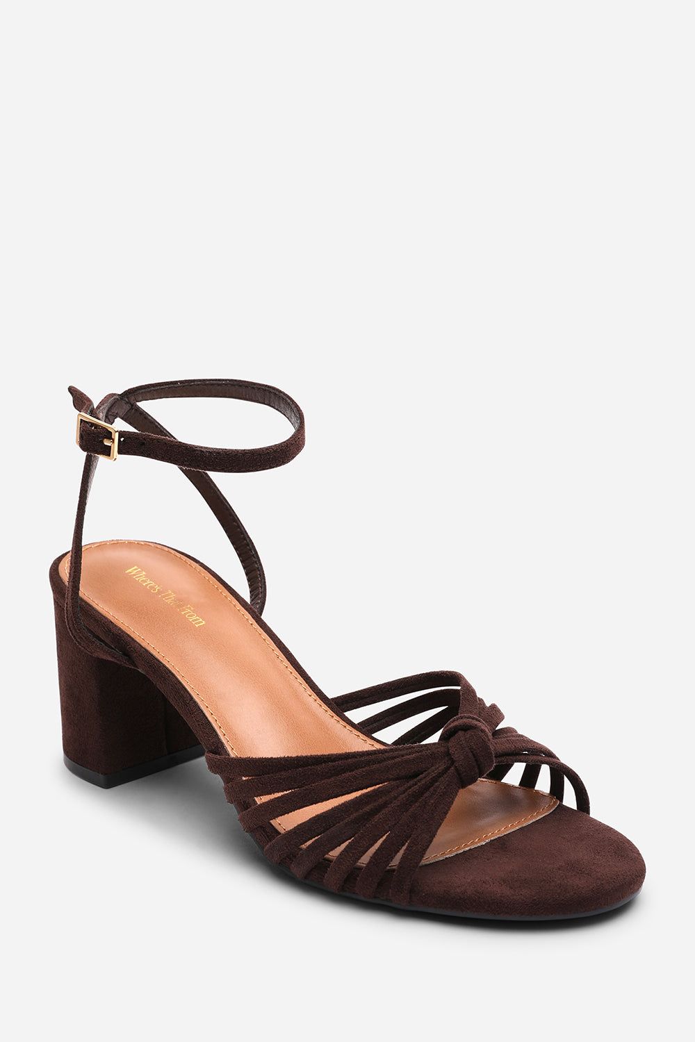 Where's That From Blossy Knotted Block Heel Sandal With Ankle Strap Suede In Dark Brown