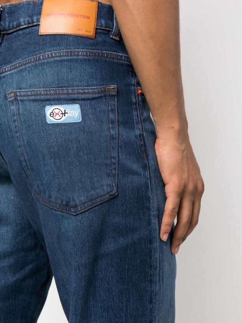 Blue Denim Straight Leg Jeans With Logo Patch In Cotton Man