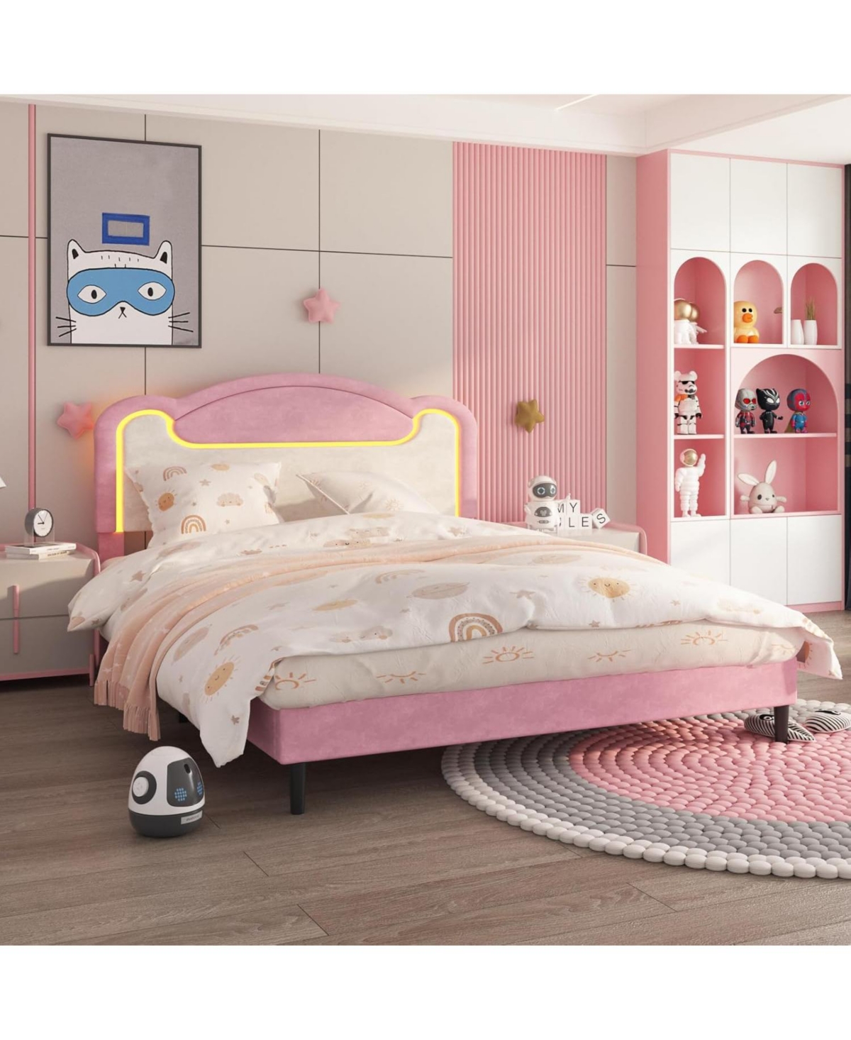 Full Upholstered Platform Bed with Led and Fabric Headboard, Princess Style, Wood Slats