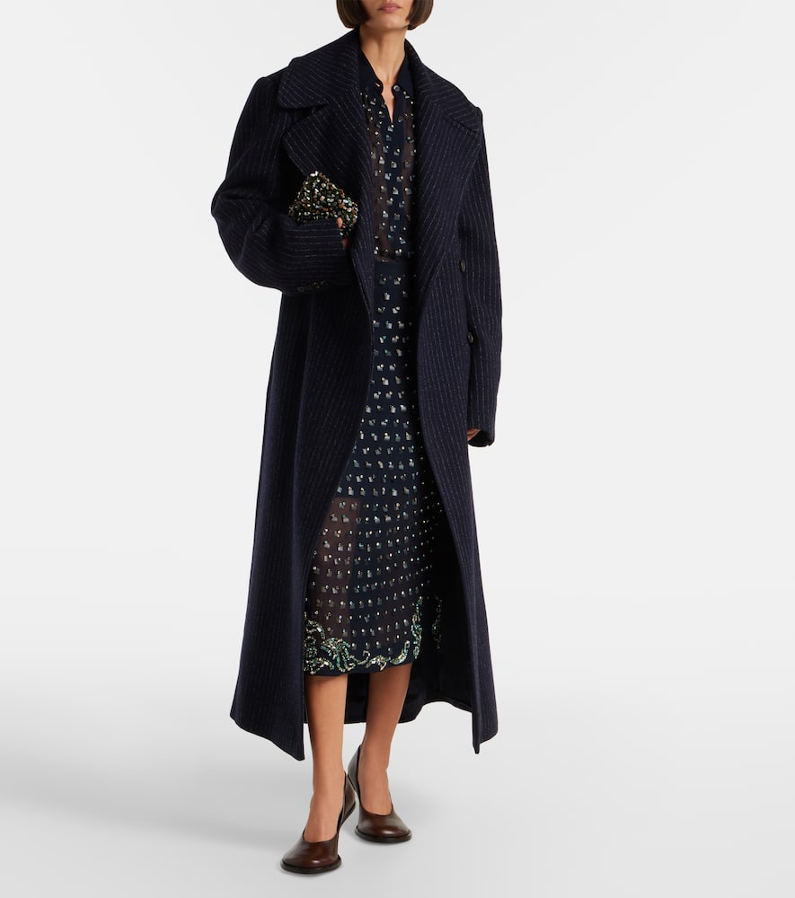 Belted pinstriped wool coat