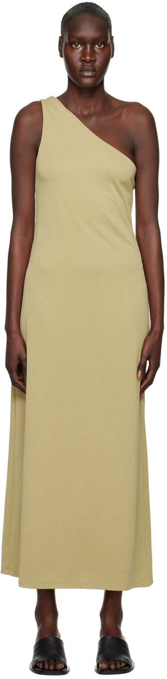 Khaki foam one-shoulder midi dress