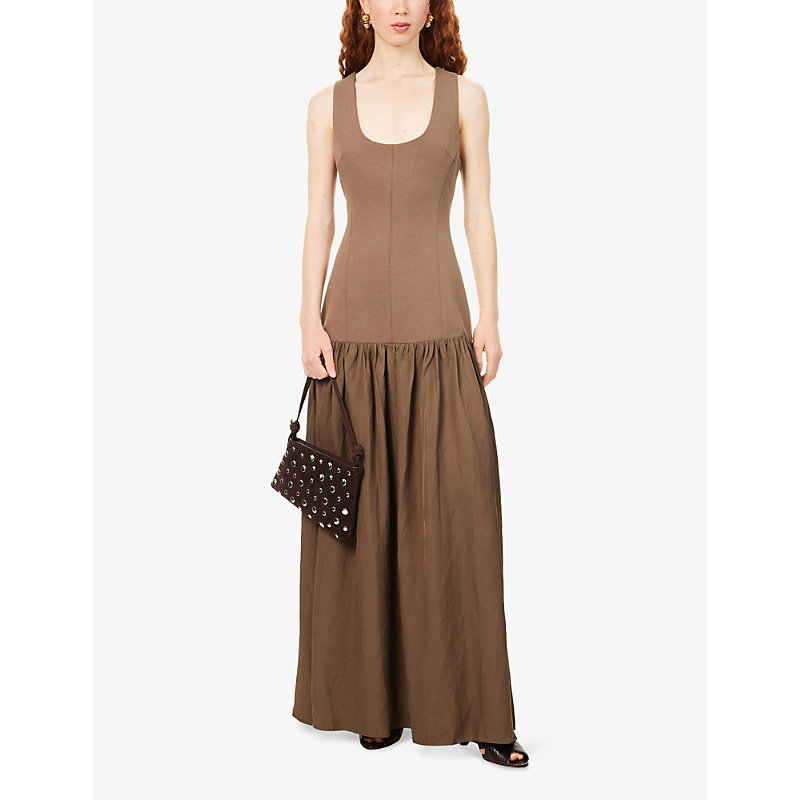 Womens Dropped Waist Cotton and Linen-Blend Maxi Dress