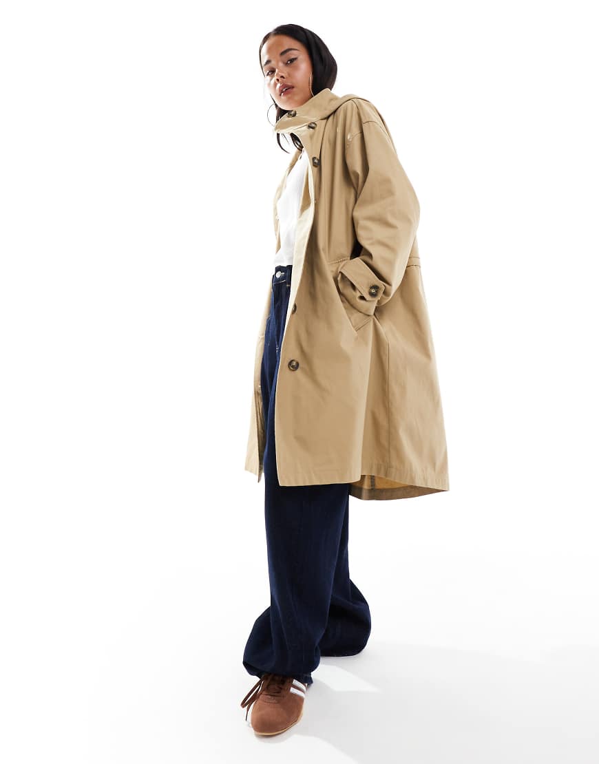 Hooded washed trench coat in stone-Neutral
