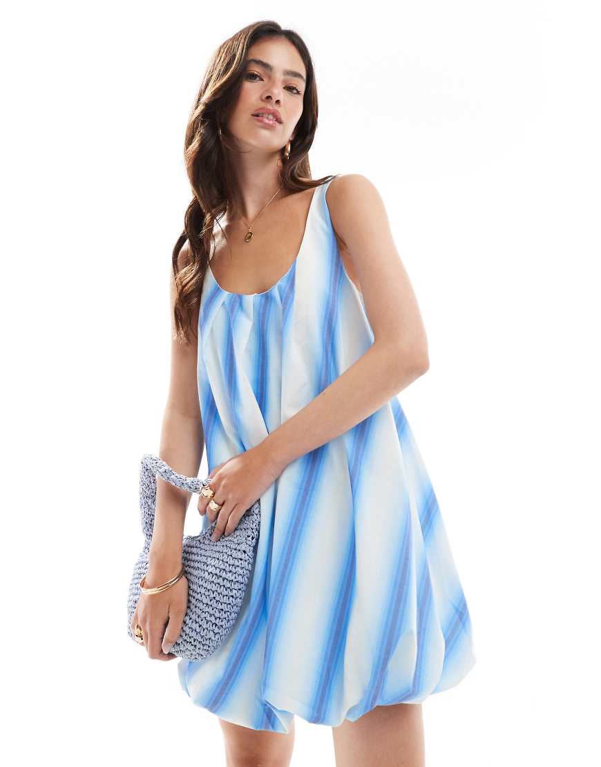 ASOS DESIGN mini puffball dress in blue blurred stripe-Multi