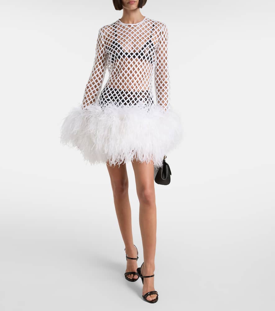 Feather-trimmed sequined minidress