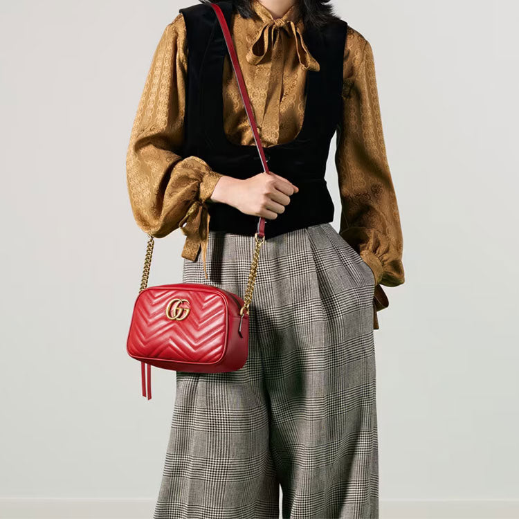 (WMNS) GG Marmont Gold Logo Leather Chain Small Red Classic Shoulder Messenger Bag