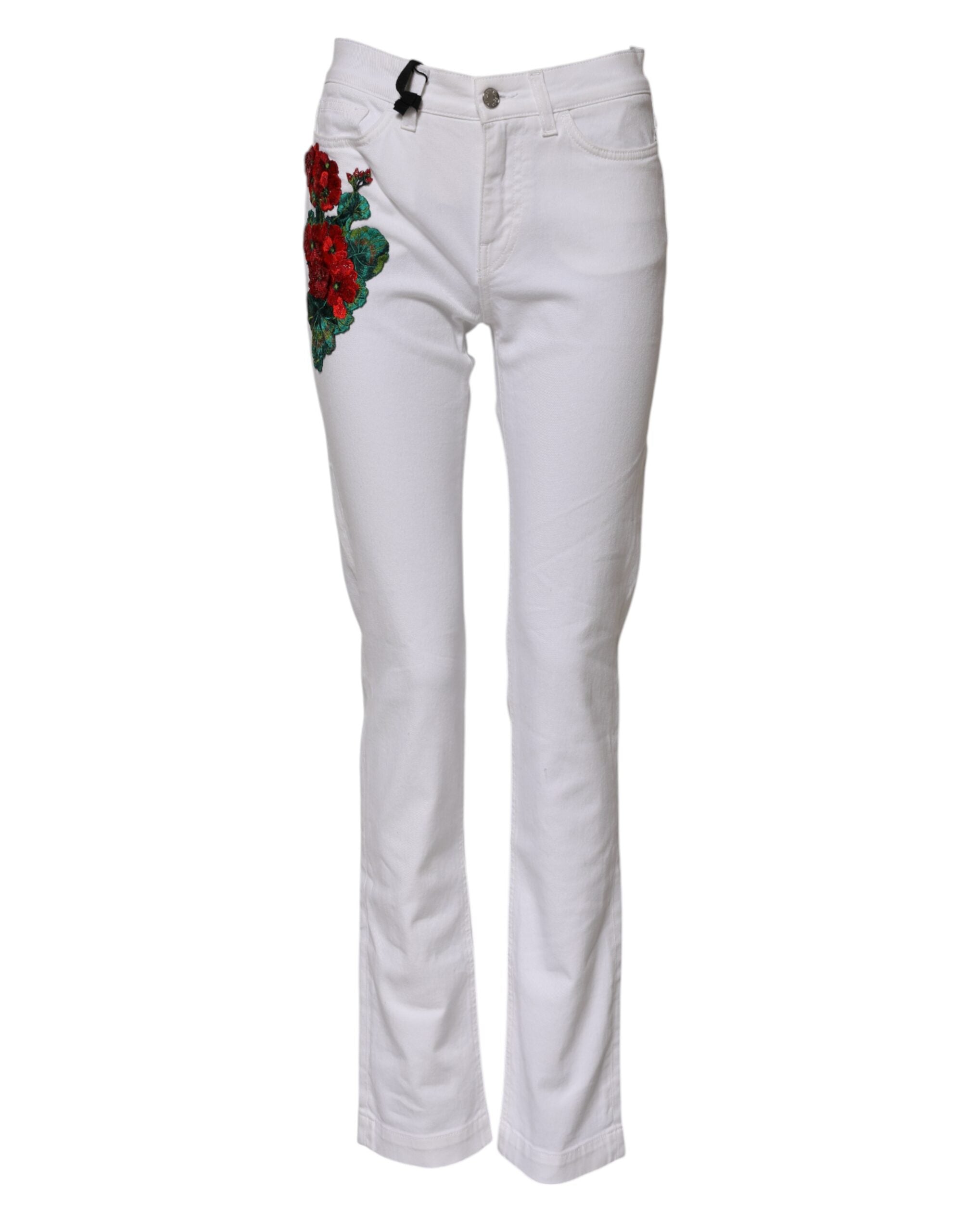 Floral Embroidery Jeans — White