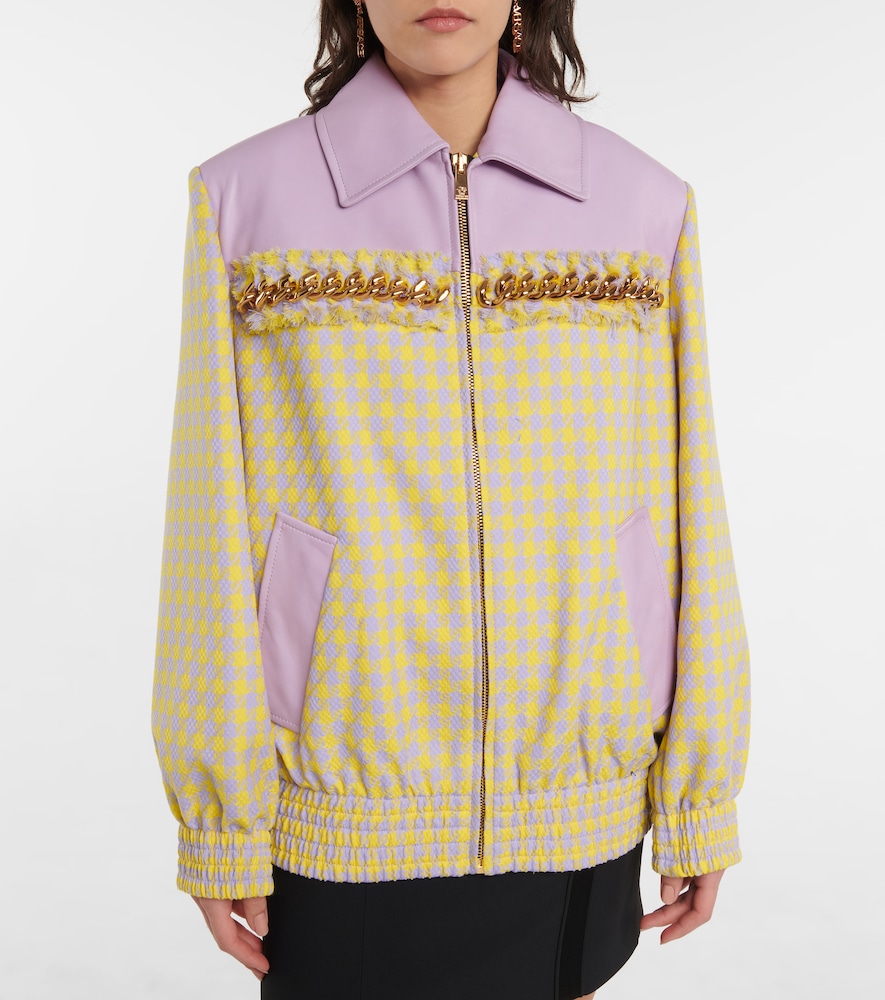 Leather-trimmed checked wool jacket