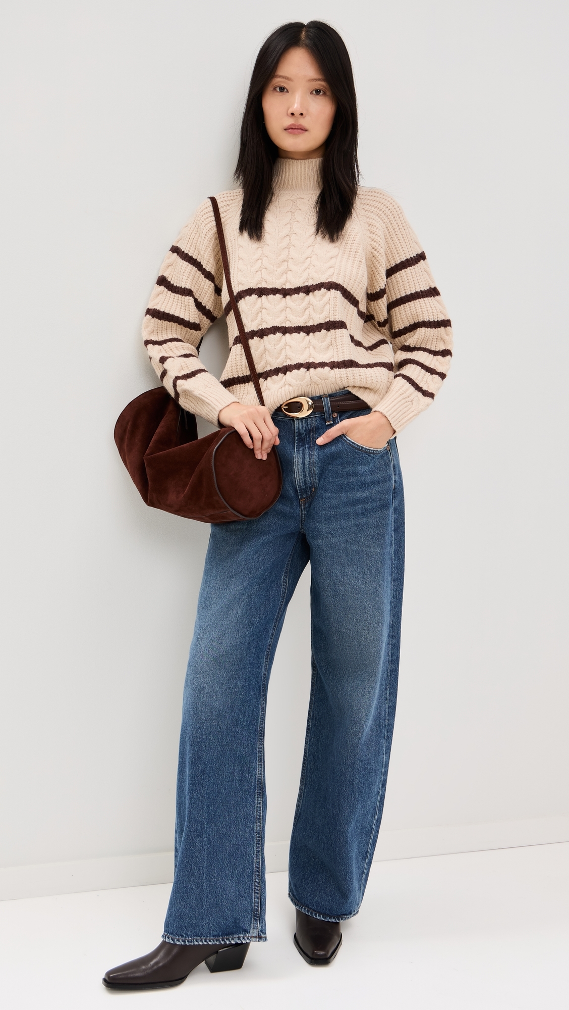 Striped Knit Pullover Sweater Oatmeal