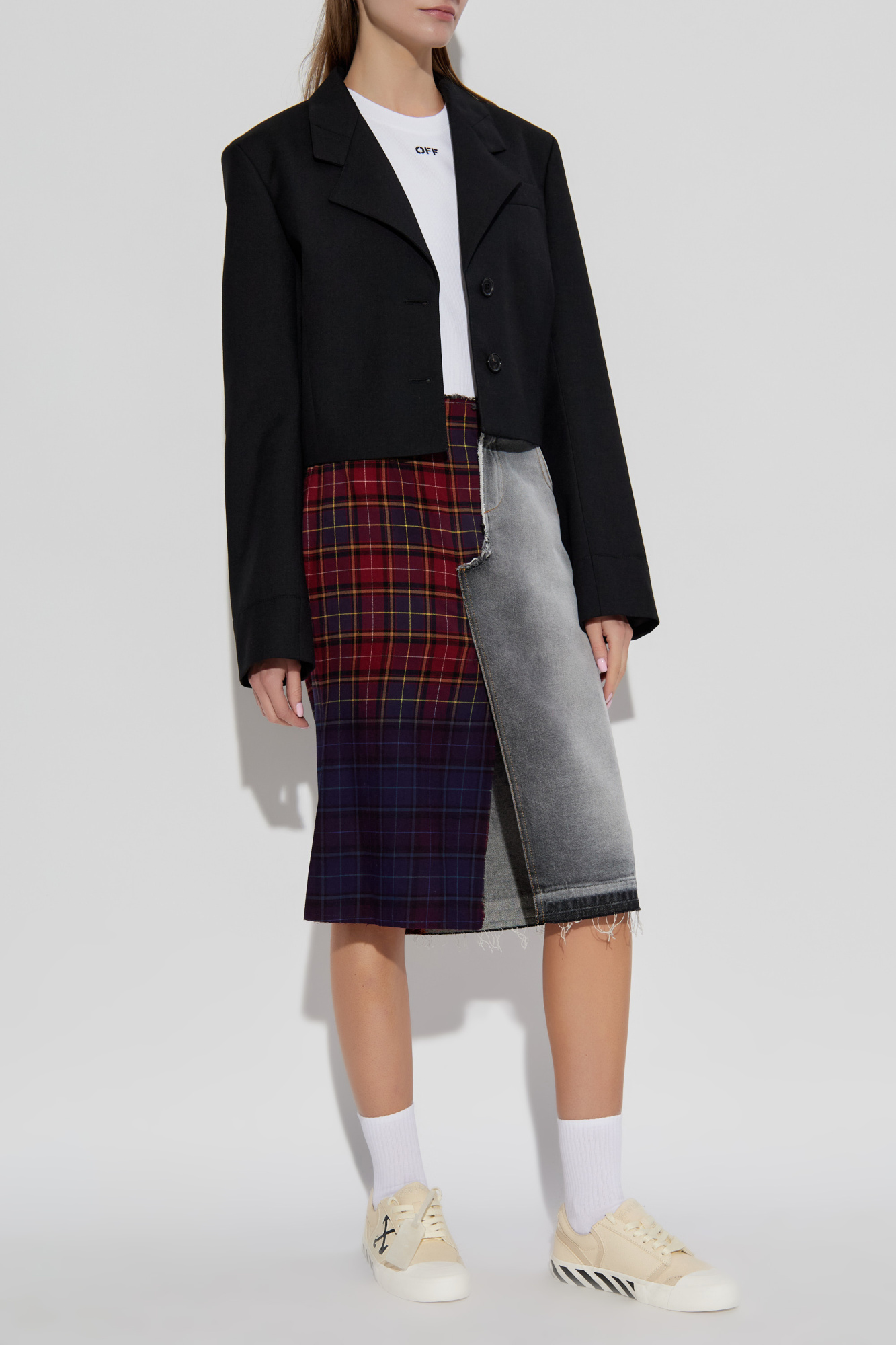 Skirt Made Of Combined Fabrics, Women's, Grey