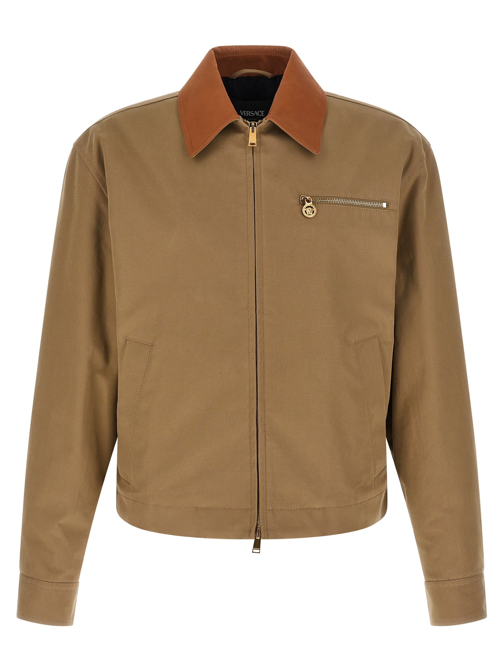 Cotton Canvas with Leather Collar Jacket — Beige