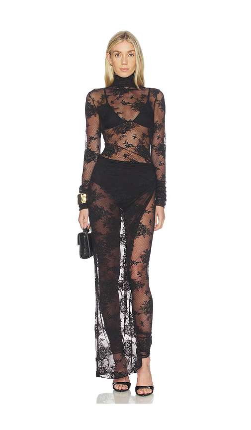 The Andamane Tessa Lace Turtleneck Openback Jumpsuit in Black. 44/L also /XS