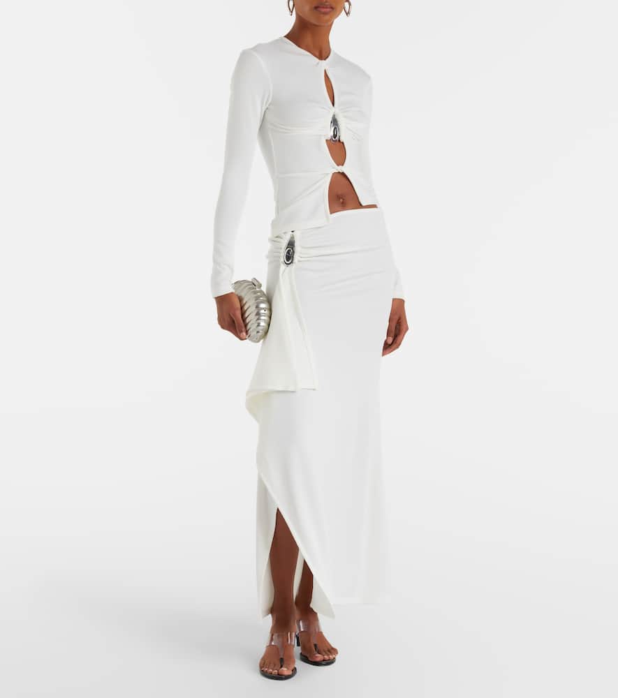 Ribbed-knit draped midi skirt