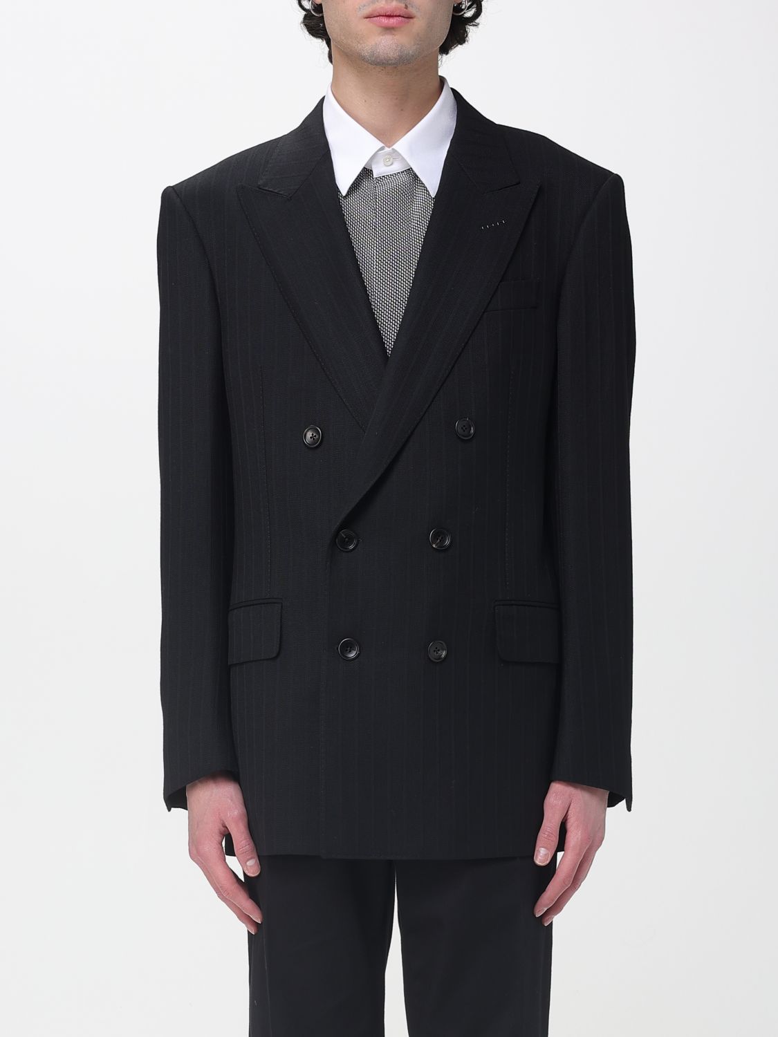 Solid Satin Stripe Double Breasted Jacket