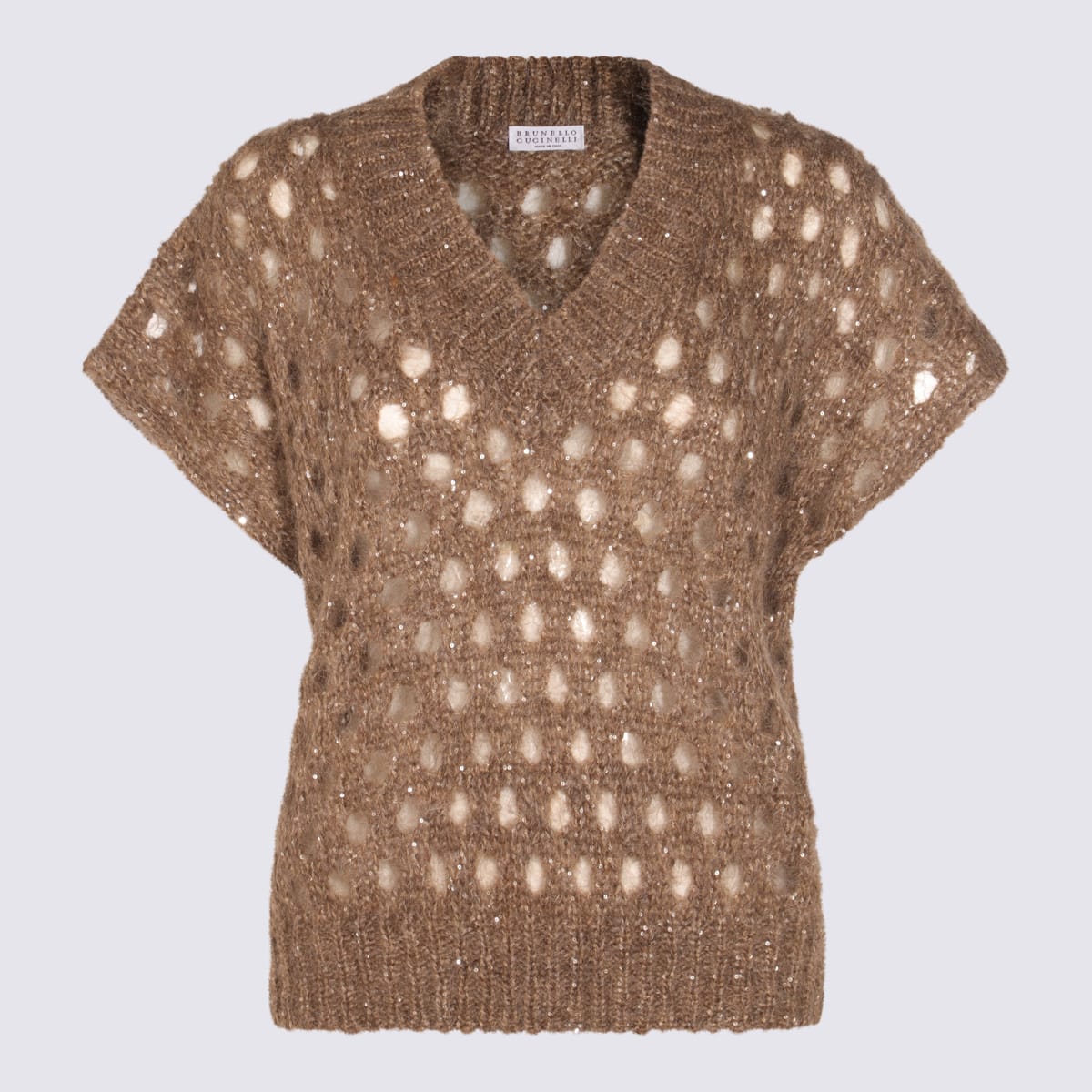 Open-knit V-neck sweater - Brown