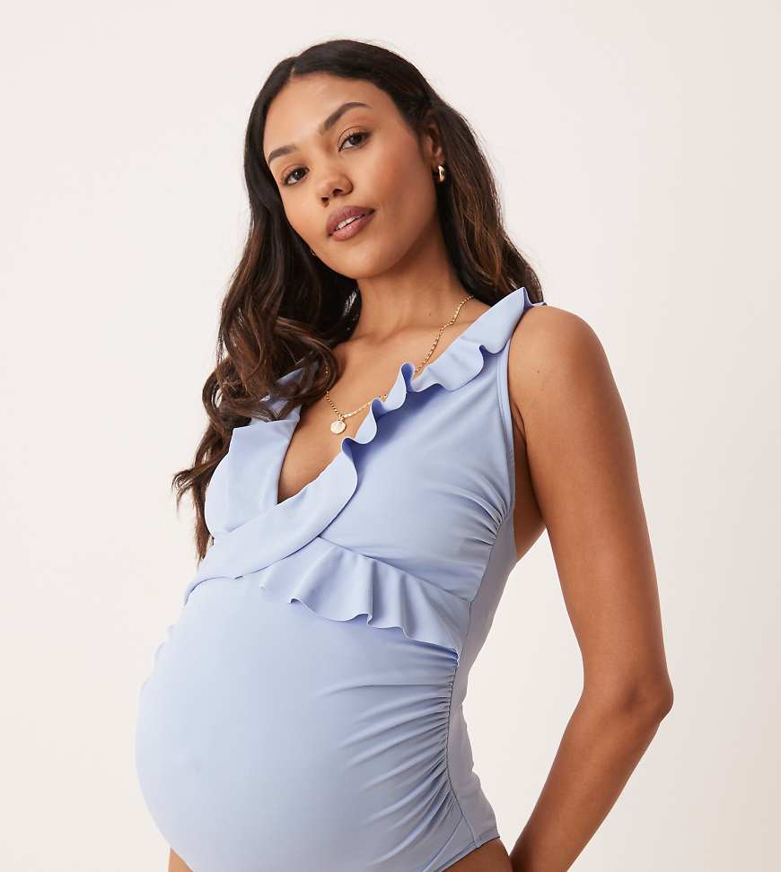 ASOS DESIGN Maternity Maya frill detail swimsuit in blue