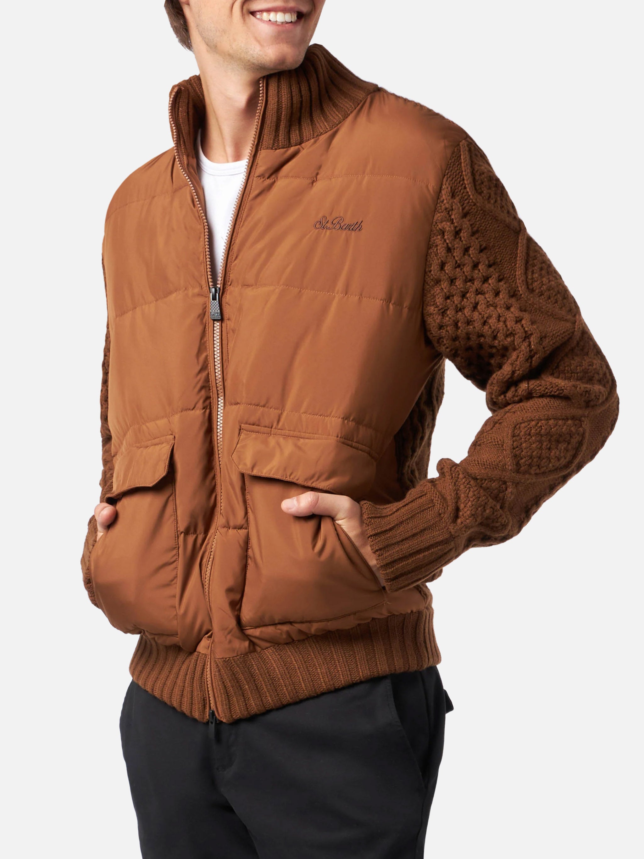 Man Brown Padded Jacket With Knitted Sleeves Knitwear - Men