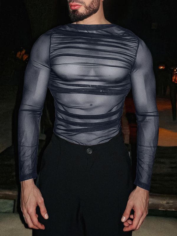 Men's Sheer Mesh Slim Fit Long Sleeve T-shirt SKUL51790 - Dark Blue / S