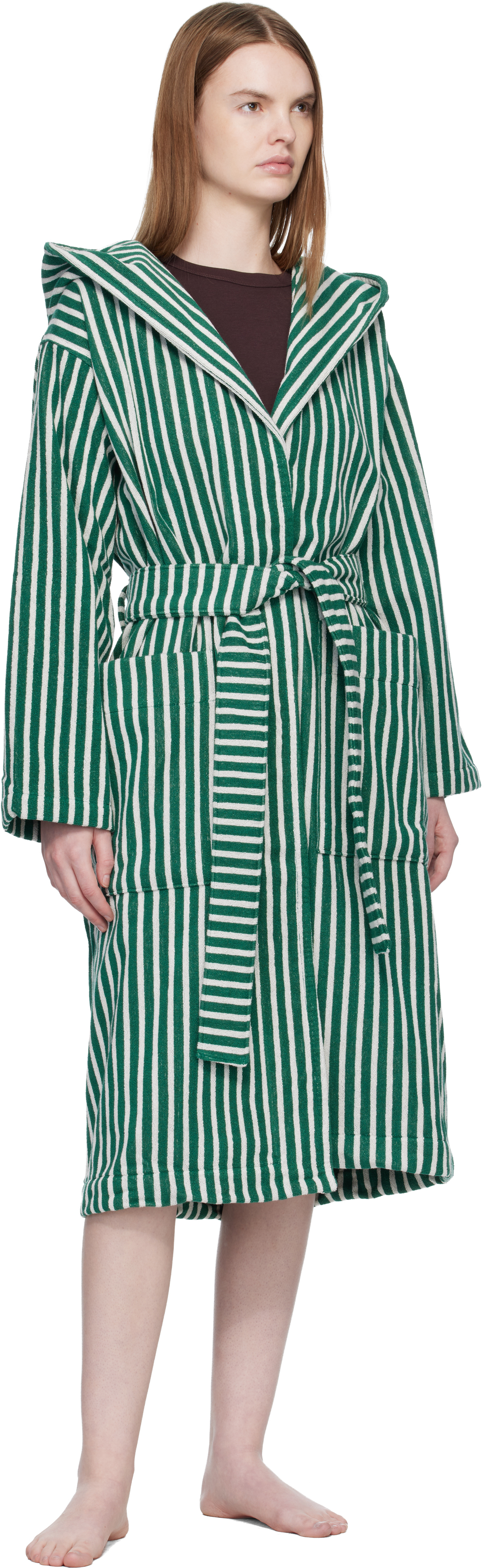 Green & White Terry Hooded Bathrobe