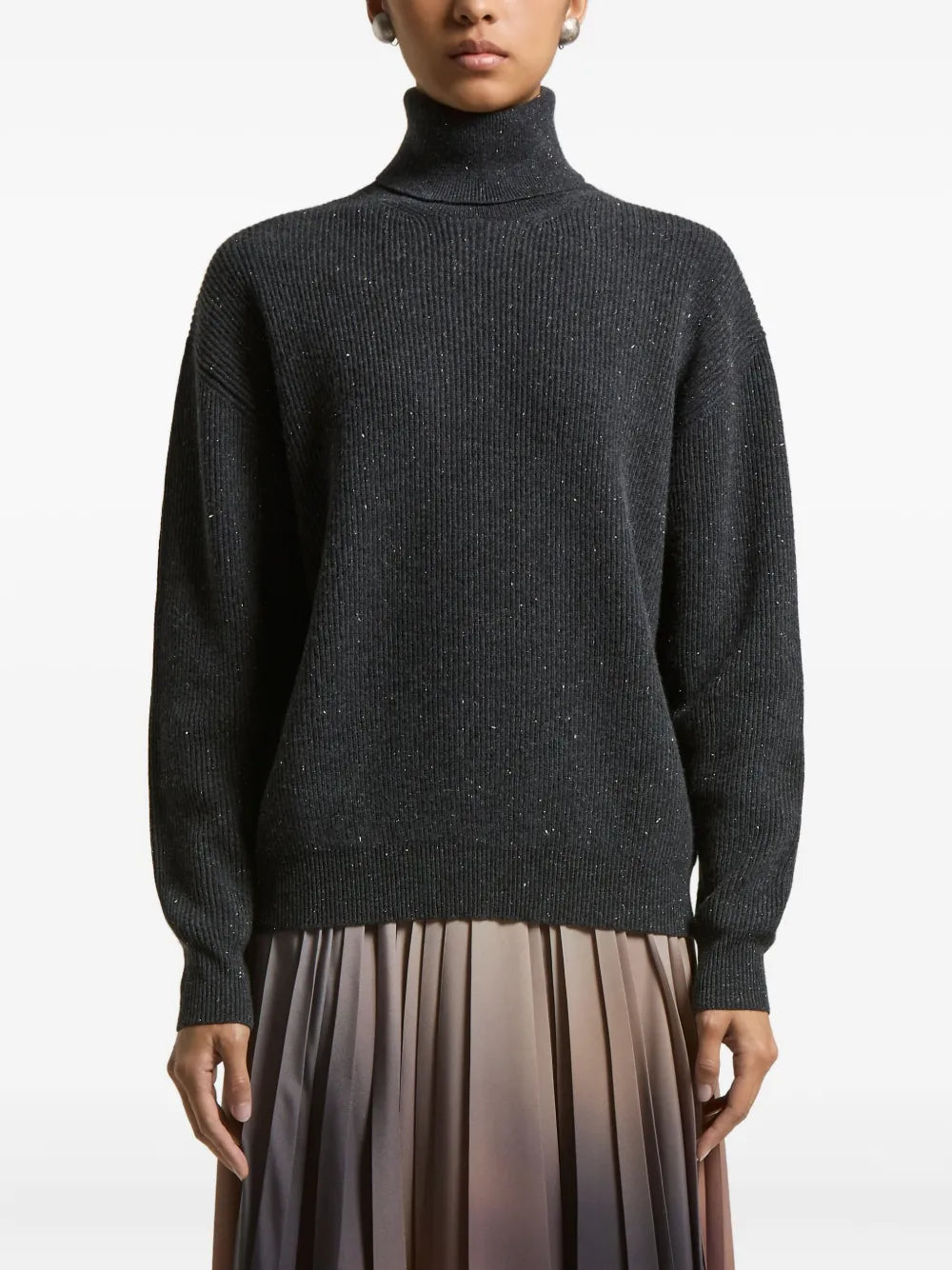 Sparkle-Finish Roll-Neck Sweater — Grey