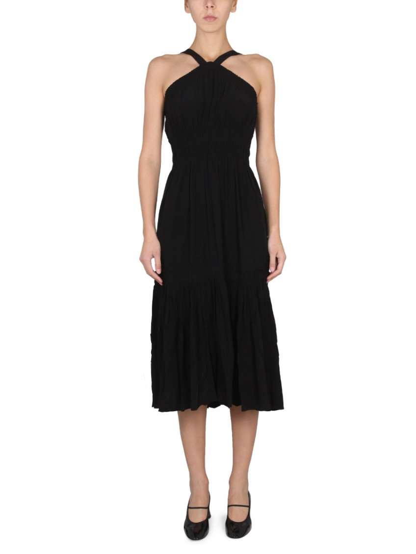 Black Pleated Halter Neck Midi Dress
