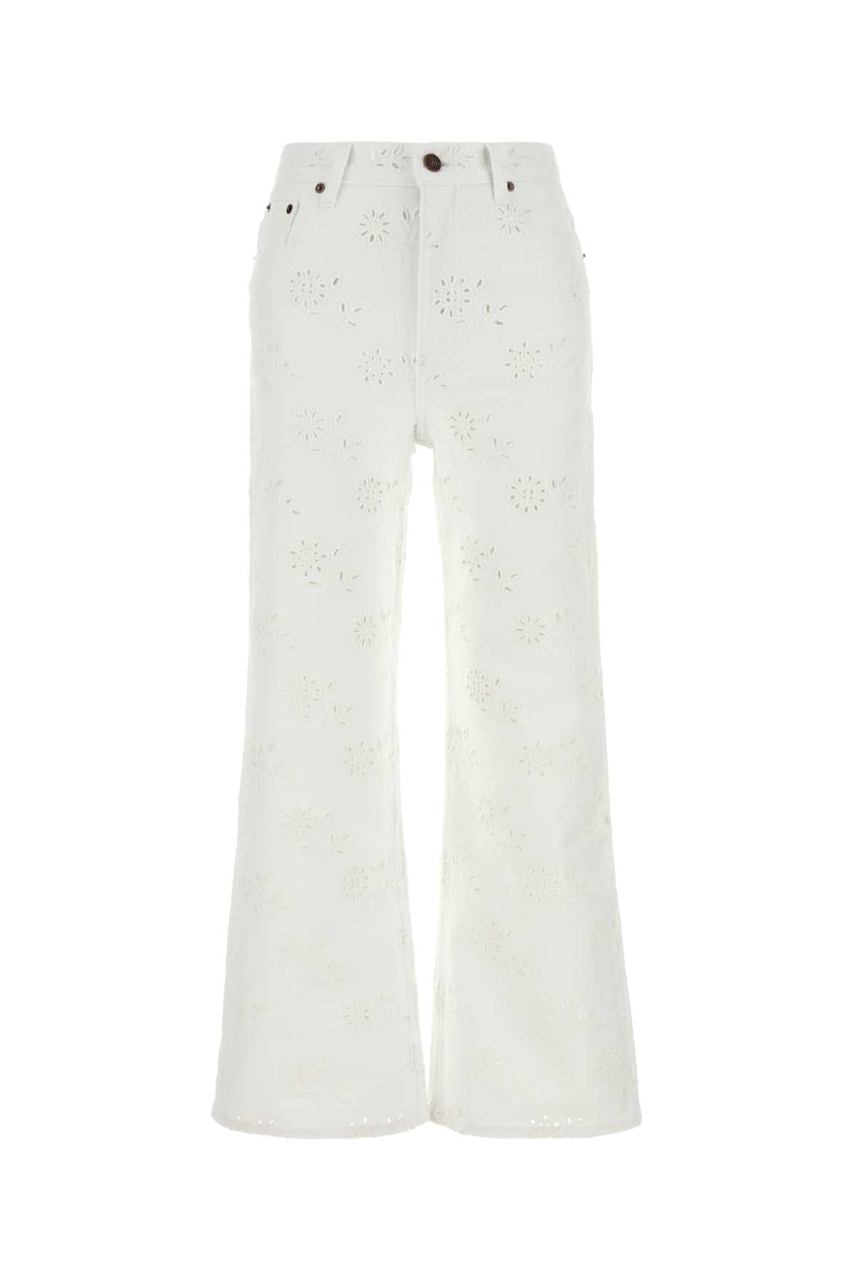 Eyelet-Embroidered Denim Jeans — White
