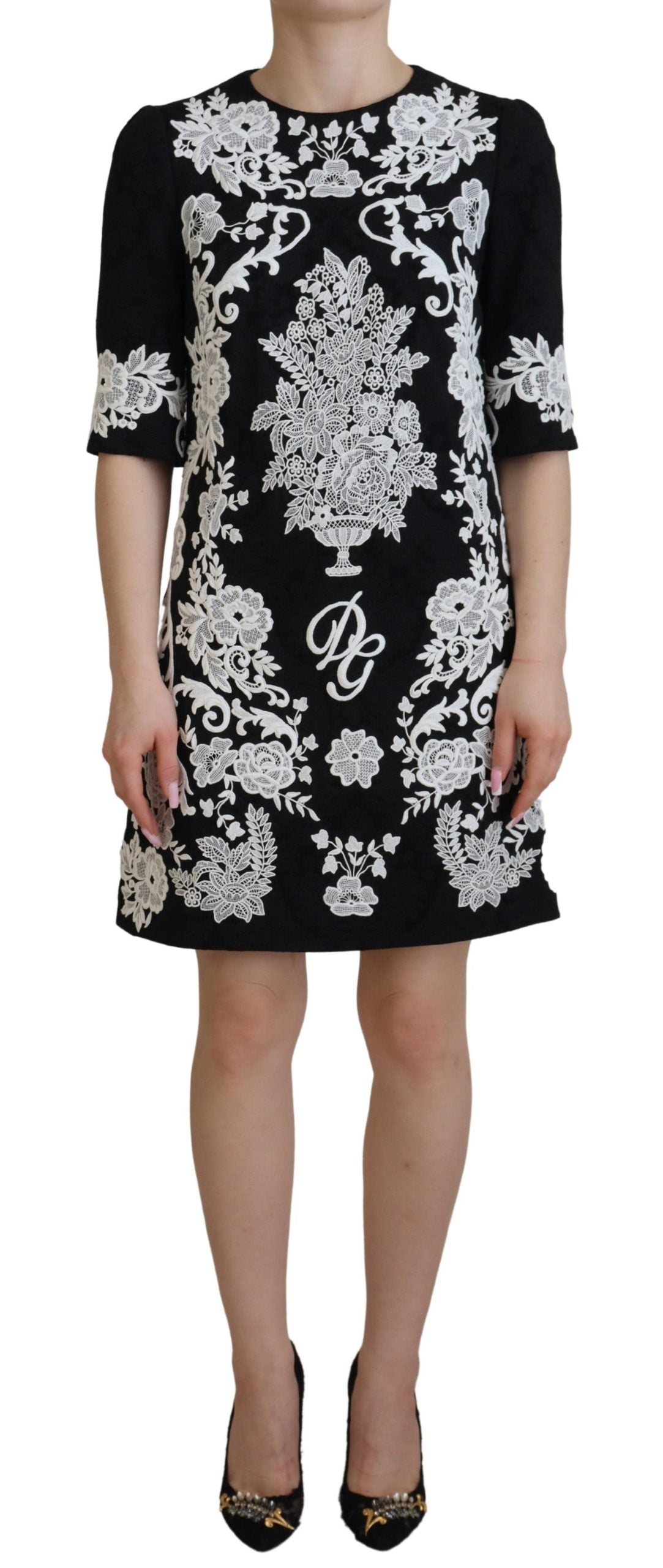 Lace-Trim Half-Sleeve A-Line Dress — Black