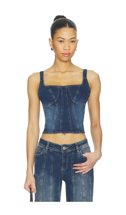 OW Collection Devin Denim Top in Denim-Dark. L. Also in S