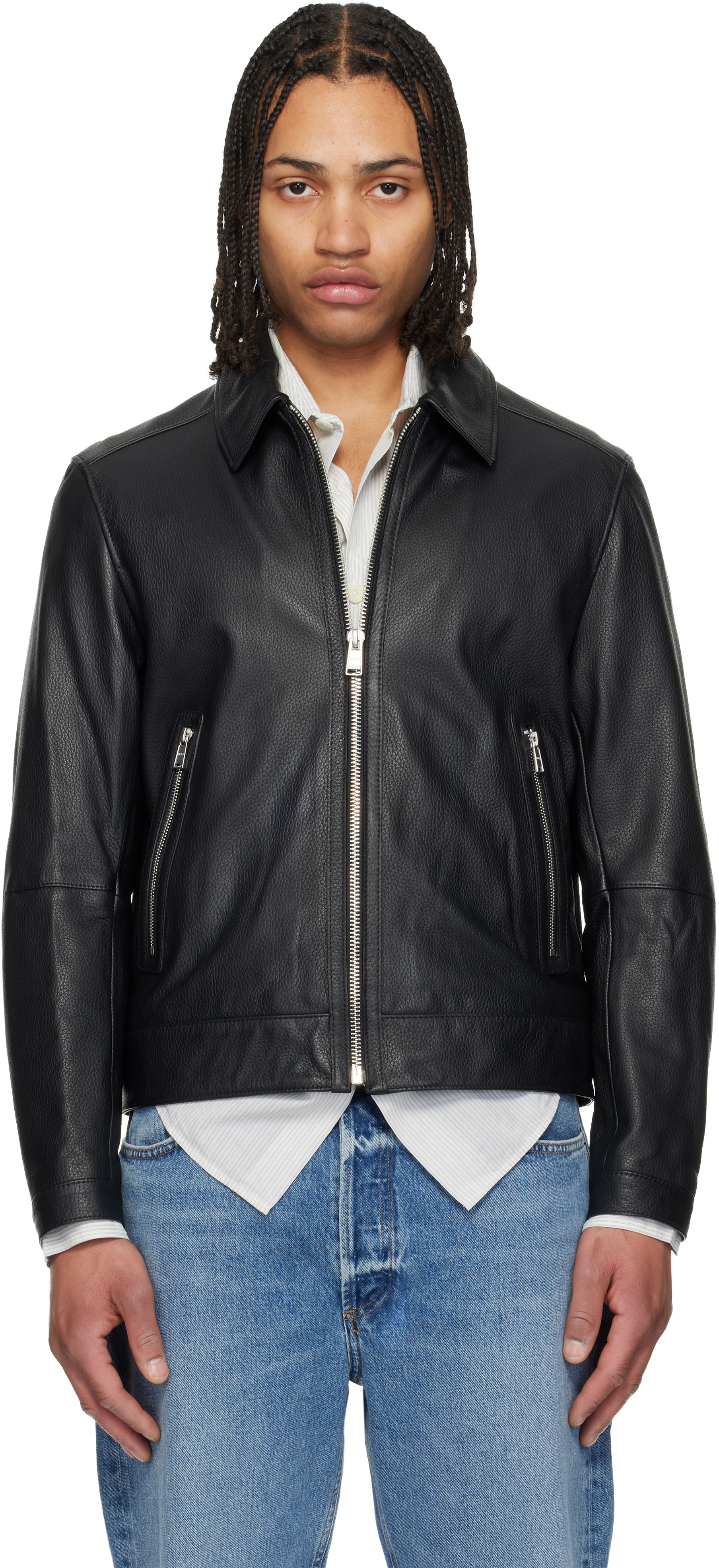 Black Regular Fit Leather Jacket