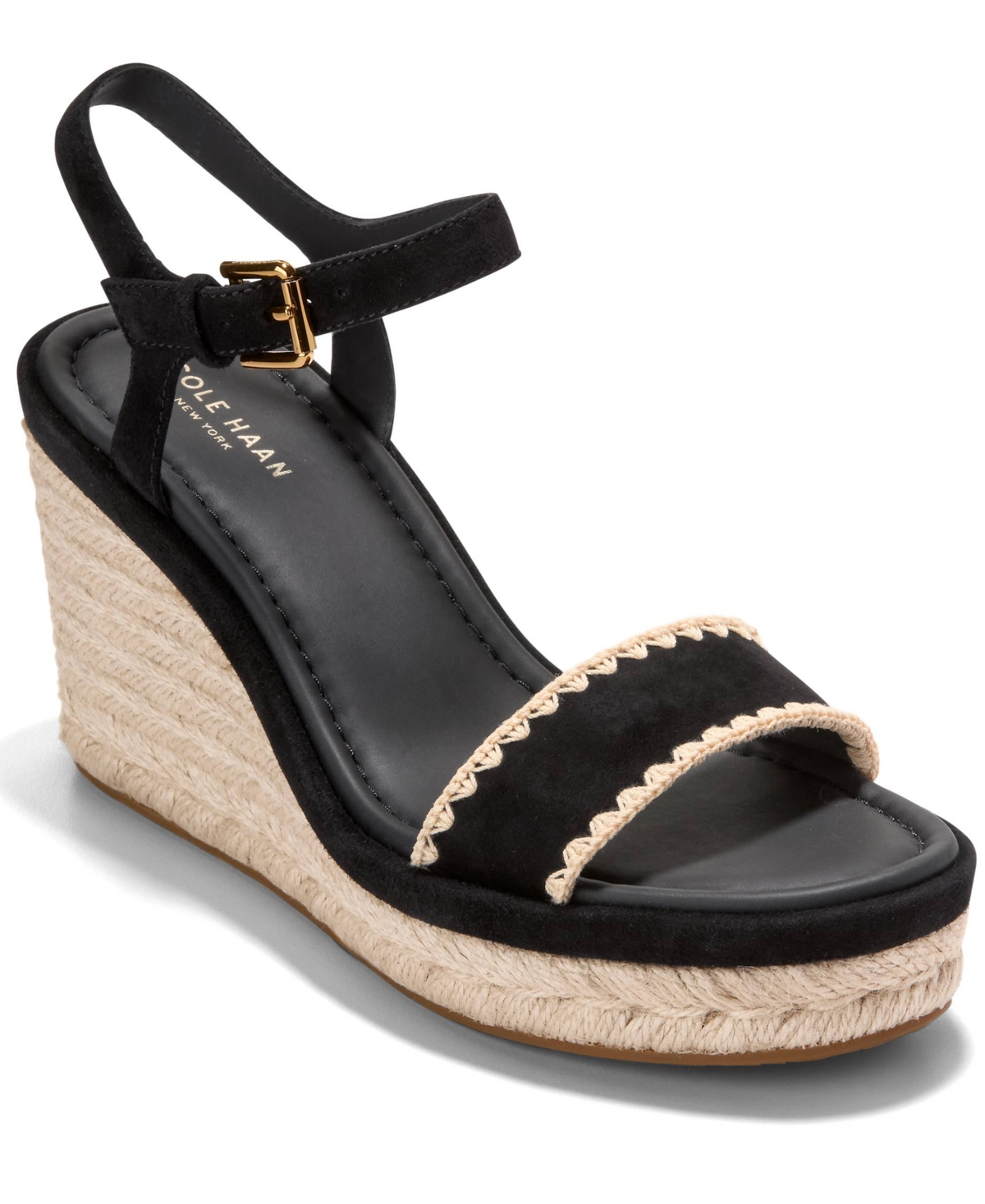 Women's Cloudfeel Asbury Espadrille Wedge Sandals - Black Suede, Natural Raffia