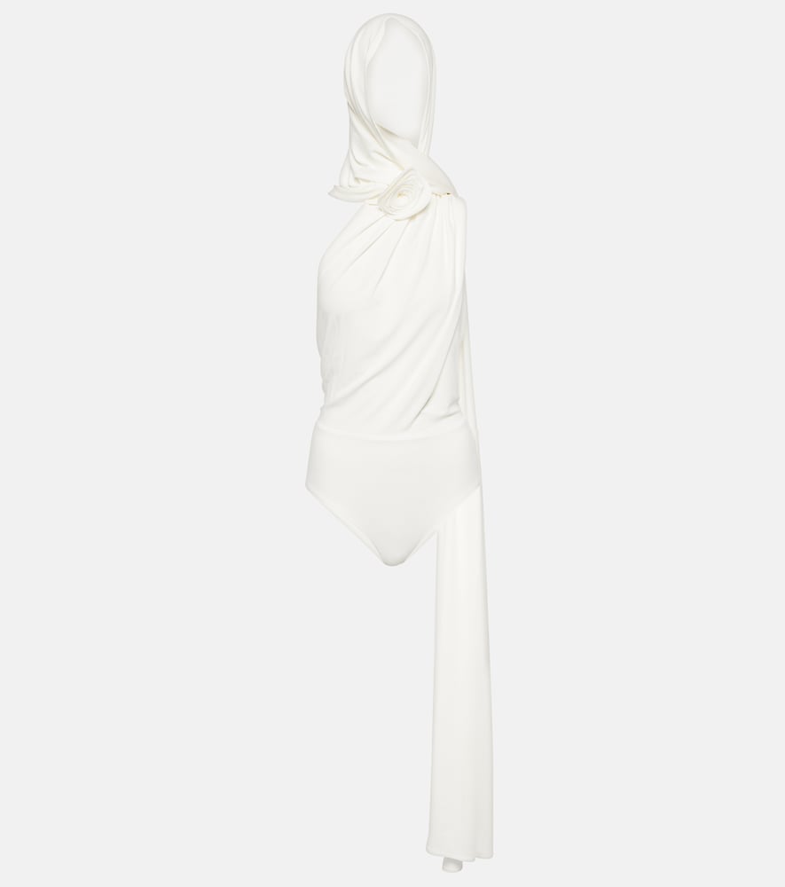 Floral-appliqué hooded bodysuit