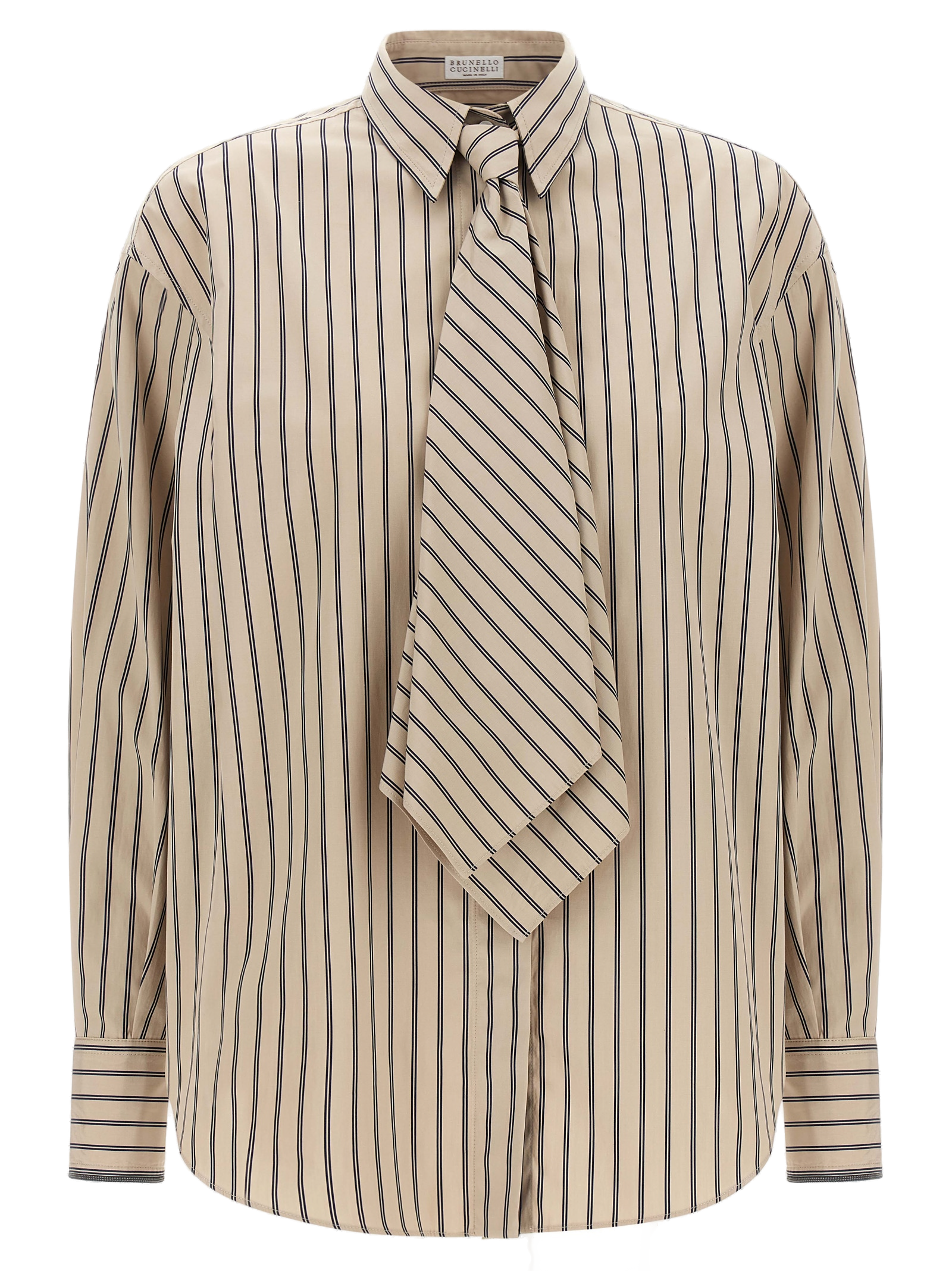 Vertical Striped Cotton Blouse — Beige