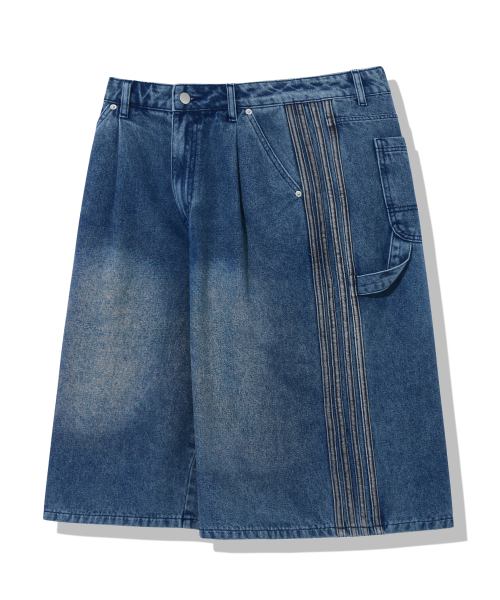 One-Tuck Track Washed Bermuda Denim Shorts_Deep Blue