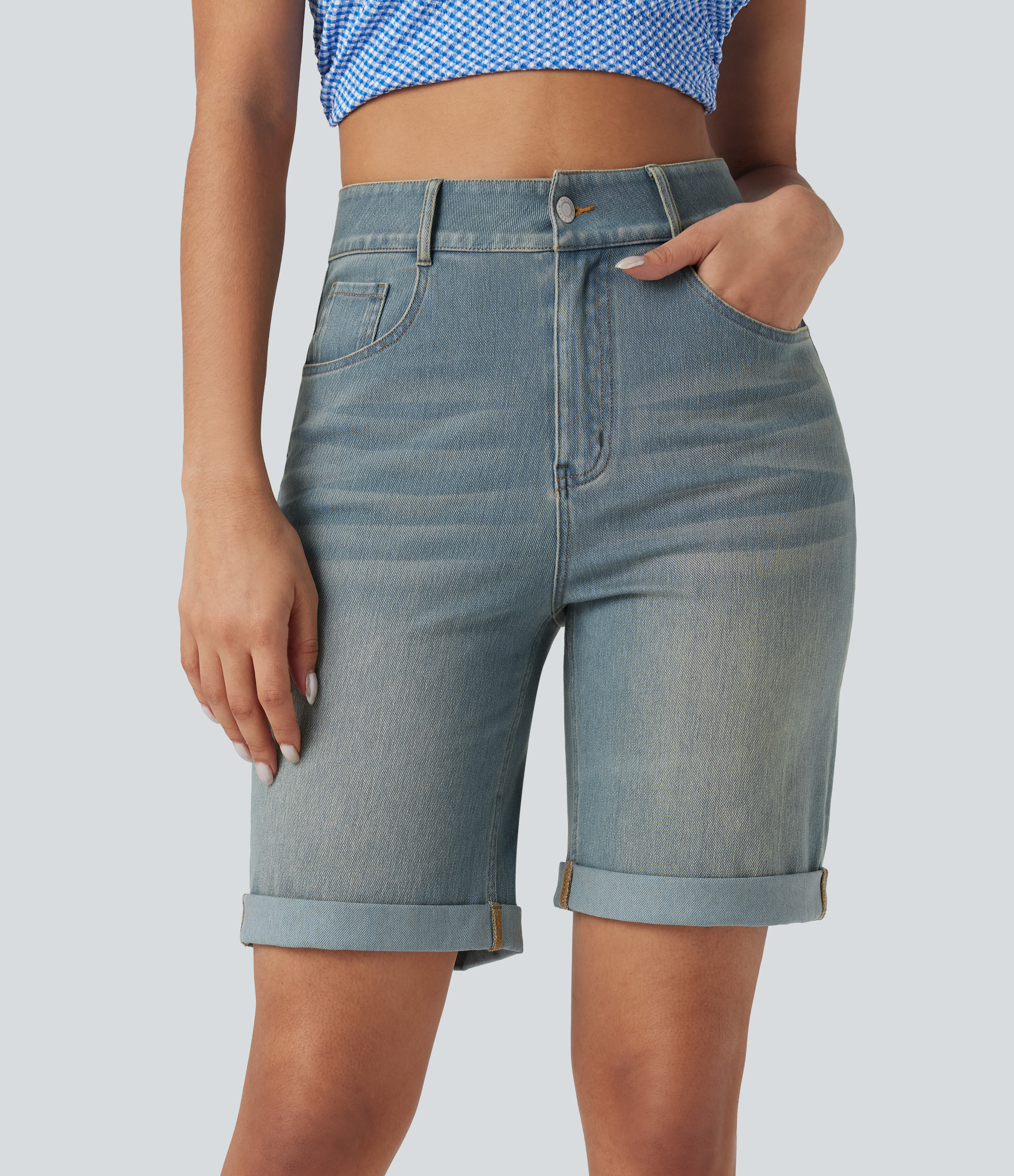 Flex™ High Waisted Pockets Rolled Hem Washed Denim Casual Bermuda Shorts  - Blue Surf Denim