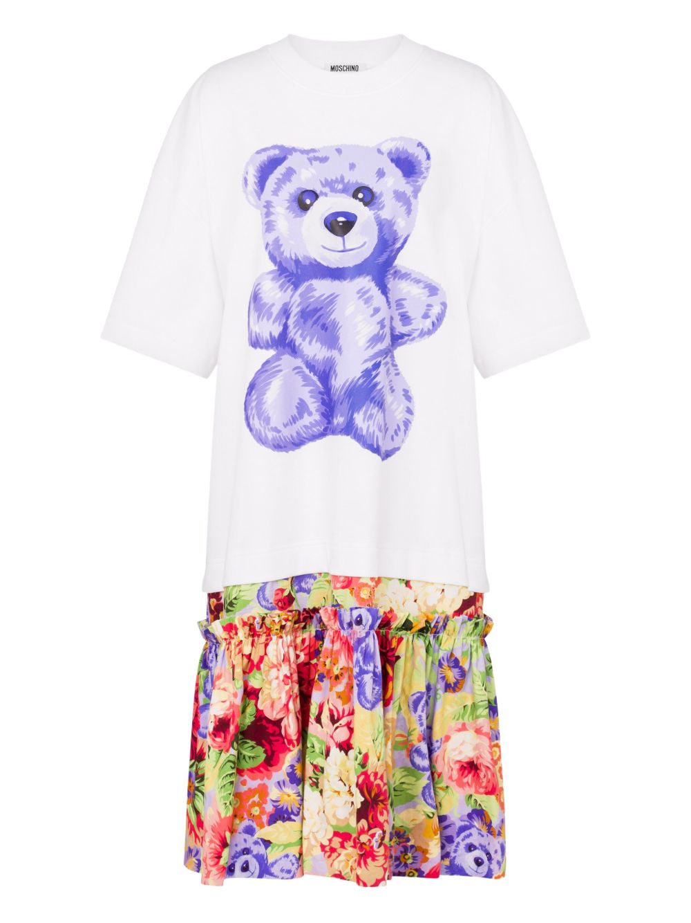 Graphic-teddy bear floral-skirt mini dress - White